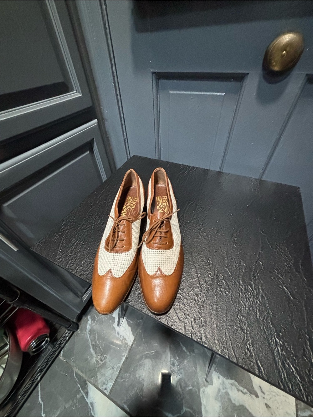 Salvatore Ferragamo Brown and Cream Two-Tone Lace-Up Flats